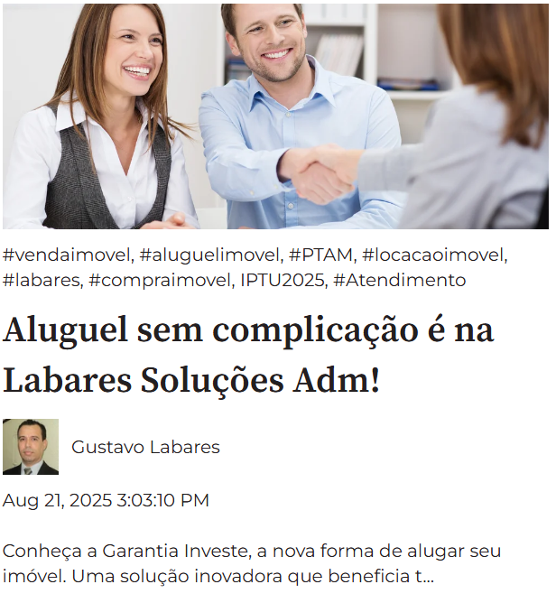 labares's tweet image. Alugue seu imóvel de um jeito inteligente.
Chega de burocracia.
Conheça a Garantia Investe, a solução moderna da Labares Soluções Adm que transforma a locação em um processo simples, seguro e rentável.

labares.hubspotpagebuilder.com/imoveis/alugue… 

#imovel #aluguel #compraevenda #aluguel #PTAM