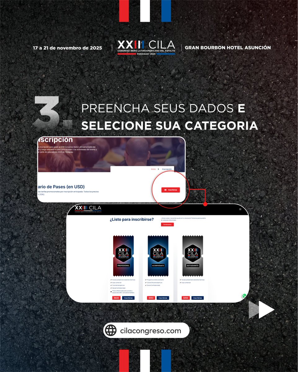 INSCRIÇÕES ABERTAS!
📅 Garanta sua vaga no XXIII CILA Paraguai 2025 🛣️ Congresso Ibero-Latino-Americano do Asfalto 💻 Cadastre-se em: cilacongreso.com/inscripcion🏷️ Tarifa promocional válida até 5 de outubro
#XXIIICILA #CILA2025 #CongressoDoAsfalto #Infraestrutura #Networking #Asfalto