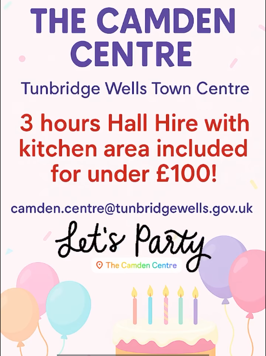 Looking for a party venue in the centre of Tunbridge Wells? 
Hire the Camden Centre hall, now available Saturdays!
To enquire please email camden.centre@tunbridgewells.gov.uk   
#hallhire #tunbridgewells