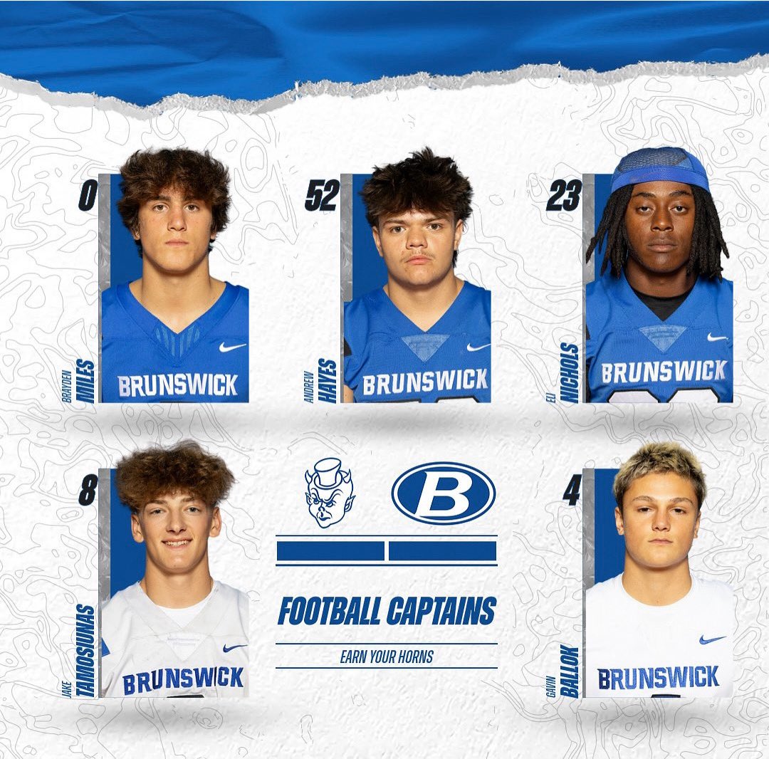 🔵Brunswick Football 2025 Captains ⚪️
Proud to announce our team leaders for this season:
•Brayden Miles (#0)
•Andrew Hayes (#52)
•Eli Nichols (#23)
•Jake Tamosiunas (#8)
•Gavin Ballok (#4)
These five young men represent everything it means to be a Blue Devil! 🏈