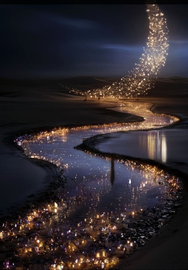 AnayezaKha78911's tweet image. "A dreamy night oasis 🌙✨ Twinkling lights dance along the winding waters, reflecting magic in the darkness. #NighttimeVibes #DreamyLandscapes #LightReflections"