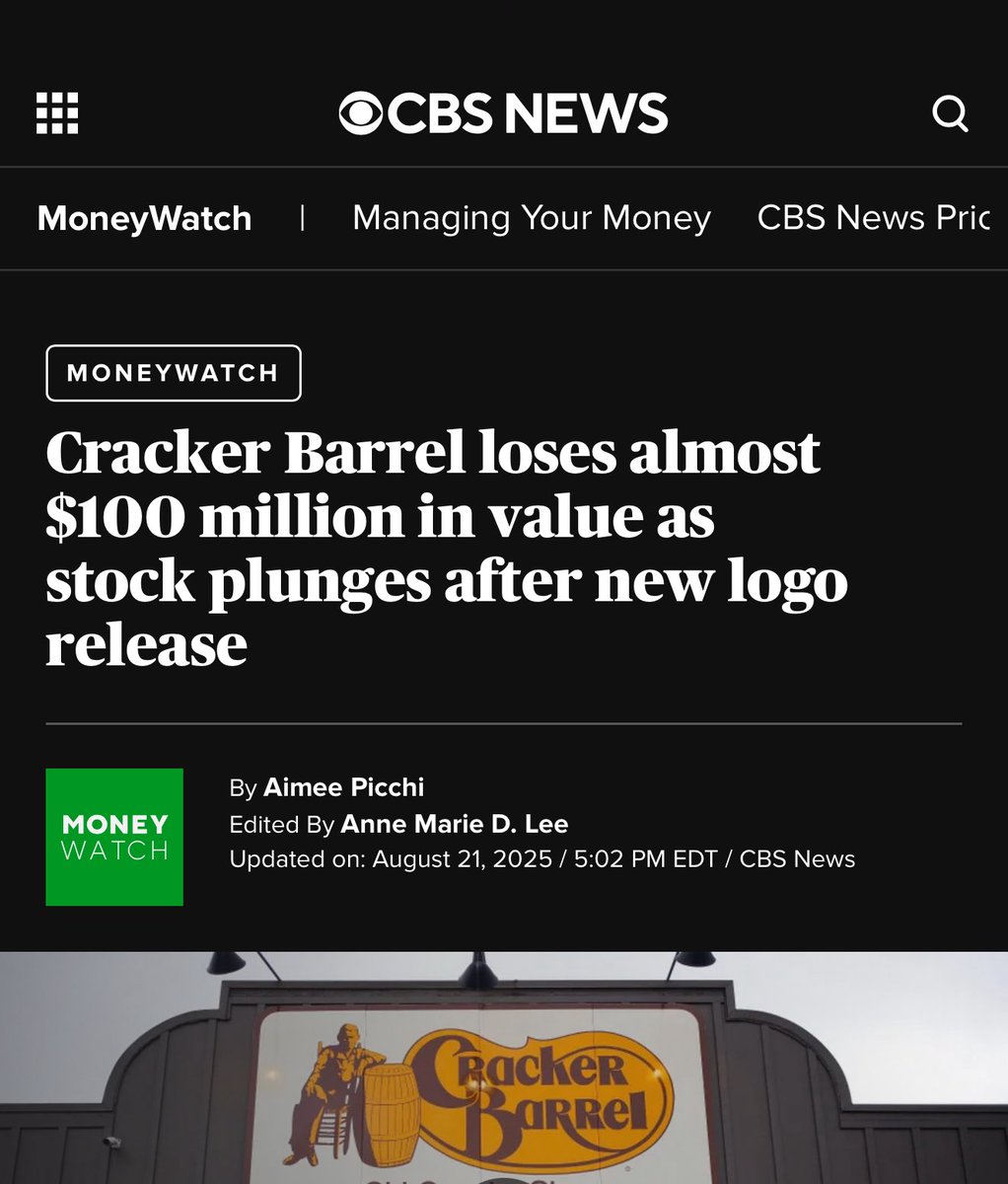 atensnut's tweet photo. Cracker Barrel stock plunges.  Loses $200M

“Everything woke turns to shit!”   

President Trump https://t.co/Btzk7yeEYT