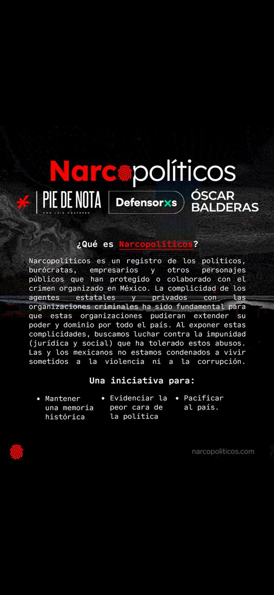 narcopoliticos_'s tweet photo. Esto es @narcopoliticos_, un esfuerzo para exponer las complicidades entre los políticos y el crimen organizado en México.

En https://t.co/7Q532NCVlT puedes consultar el primer listado de 11 políticos de todos los partidos, las investigaciones y los documentos en su contra. https://t.co/tka70coGZR