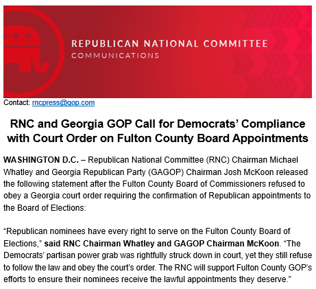 RNC Election Integrity (@rncvoteprotect) on Twitter photo Fulton County Democrats are refusing to follow the law!
After the court ruled that Republican nominees have every right to serve on the County Board of Elections, Democrats are still standing in the way.
See our full statement below: ⬇️ Fulton County Democrats are refusing to follow the law!
After the court ruled that Republican nominees have every right to serve on the County Board of Elections, Democrats are still standing in the way.
See our full statement below: ⬇️
