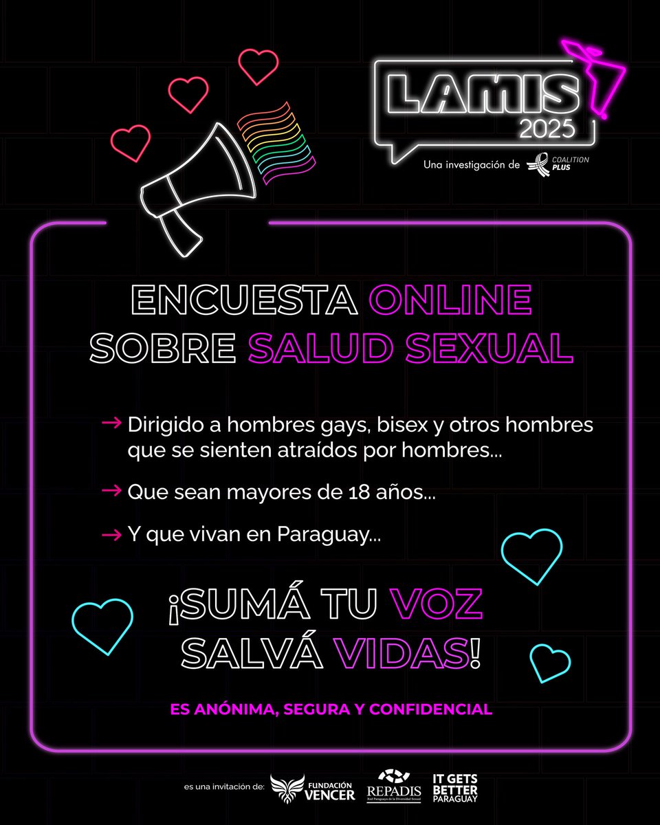 🌍 ¿Sabías que miles de personas ya contestaron LAMIS 2025?
 👥 Sumá tu voz a esta gran encuesta regional sobre salud sexual. 🌈 Una región, miles de voces, un solo objetivo: nuestra salud.
 📣 ¡Responde hoy! redcap.igtp.cat/launch.php?tar… <a href="/FundacionVencer/">Fundación Vencer</a> <a href="/ItGetsBetterPy/">It Gets Better Paraguay</a>