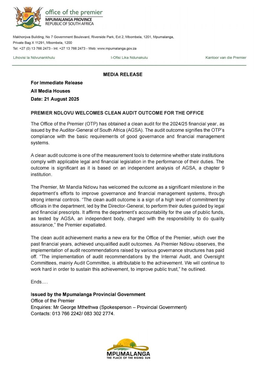 MpumalangaGov's tweet photo. MEDIA RELEASE
For Immediate Release
All Media Houses
21 August 2025
PREMIER NDLOVU WELCOMES CLEAN AUDIT OUTCOME FOR THE OFFICE
#MpumalangaAProvinceThatWorksForAll #CleanAudit #ANationThatWorksForAll https://t.co/RfWRudT8f8