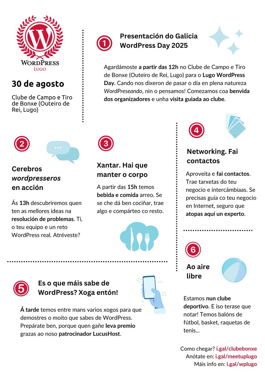 Galicia WordPress Day. Tes todo a man? ☀️

Conecta con xente do teu sector, aprender trucos de WordPress, atopar solucións a retos reais… 

e ao mesmo tempo desfrutar dun día distinto, ao aire libre e con boa compañía.

Valo perder? 🥳

👉 wplugo.eu/evento/galicia…