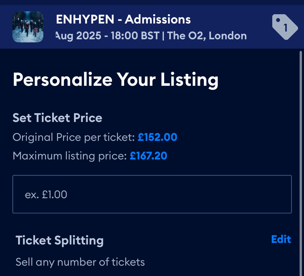 Zoeeyyxy's tweet photo. @AXS_UK @axs I’m trying to sell my enhypen ticket which i paid £385 for but your app is saying the original price was £152 pls fix it i need to sell :/ https://t.co/N3NEA1U11t