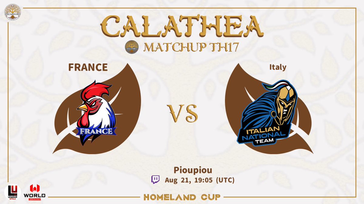 Team France CoC (@teamfrancecoc) on Twitter photo 🚨MATCH DAY🚨
⏰ 21H00
<a href="/HomelandCup/">Homeland Cup</a> | Calathea - W5 - 5v5 - TH17
⚔️ FRANCE 🇫🇷 🆚 🇮🇹 ITALY ⚔️
GL <a href="/ItalyCoC/">Italian National Team</a> 👊🍀
🎥 Stream by <a href="/PiouPiouLover/">Pioupiou</a> 🇫🇷
🔗 twitch.tv/pioupioulover
#GOLESBLEUS🇫🇷 🚨MATCH DAY🚨
⏰ 21H00
<a href="/HomelandCup/">Homeland Cup</a> | Calathea - W5 - 5v5 - TH17
⚔️ FRANCE 🇫🇷 🆚 🇮🇹 ITALY ⚔️
GL <a href="/ItalyCoC/">Italian National Team</a> 👊🍀
🎥 Stream by <a href="/PiouPiouLover/">Pioupiou</a> 🇫🇷
🔗 twitch.tv/pioupioulover
#GOLESBLEUS🇫🇷