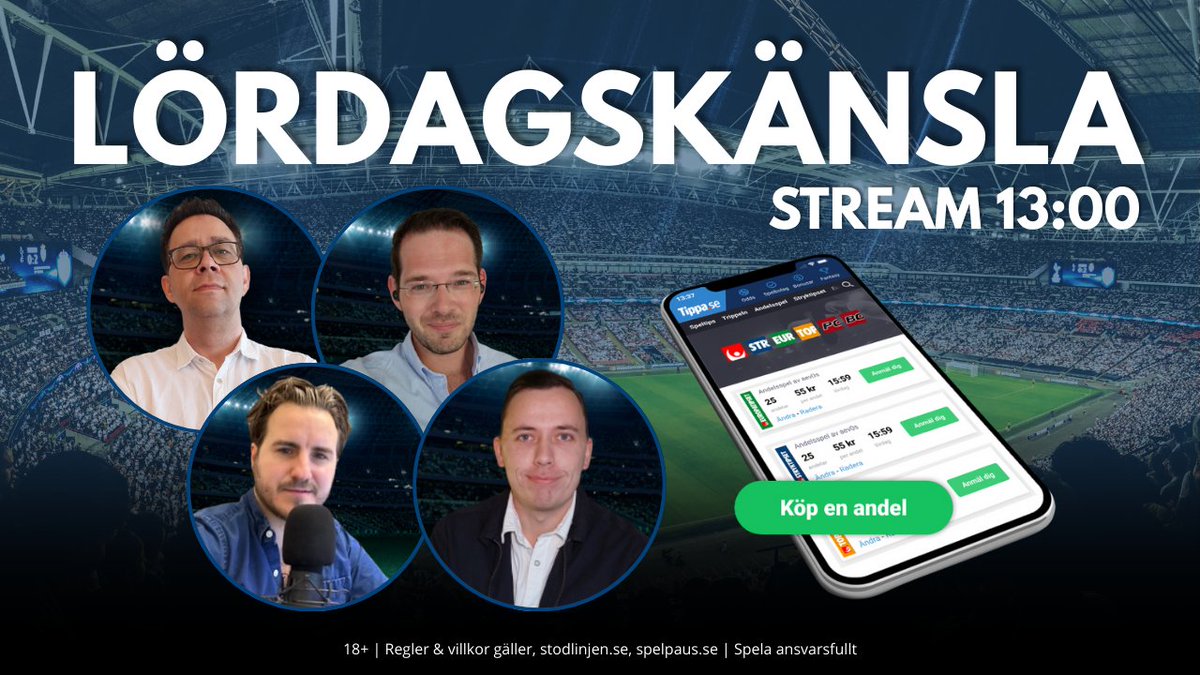 Ny lördag, nya möjligheter! Gänget går live 13:00 imorgon och jagar 13 rätt på Stryktipset! 

Plocka upp en andel! 
👉 tippa.se/andelsspel

Till streamen: 
👉 twitch.tv/tippapunktse
👉 youtube.com/@TippaPunktSe
