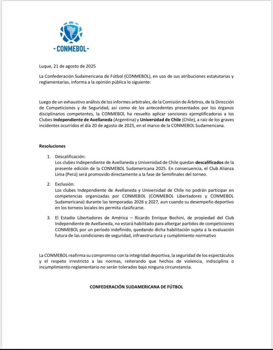 Sedena2579's tweet photo. #AHORA 🚨 INDEPENDIENTE Y U DE CHILE ESTÁN DESCALIFICADOS DE LA SUDAMERICANA 2025

❌NO PODRÁN JUGAR TORNEOS INTERNACIONALES HASTA 2028

El estadio Libertadores de América está INHABILITADO para Conmebol por tiempo indeterminado https://t.co/UO5cQWMUSN