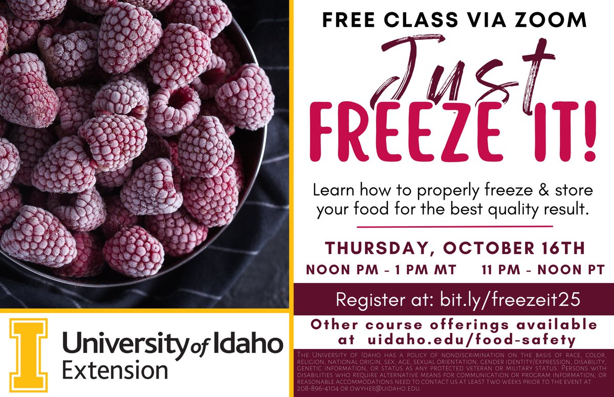 uidahoextension's tweet photo. Join #uidahoextension for a free, virtual class, Just Freeze It!, on Thursday, Oct. 16 at 11 a.m. PT/12 p.m. MT. Learn how to properly freeze and store your food for the best quality result. Register to attend: https://t.co/B8RmgQdvbE. https://t.co/QOcGvYOonK