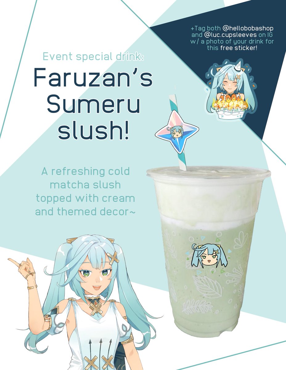 ✨2 days left! ✨

Hello Boba will provide an event special drink for Madam Faruzan’s birthday! An ice cold matcha slush is perfect to cool down with this hot weekend~

If you share your drink on IG tagging us, you can get a free bday Faruzan sticker✨

#genshinimpact #faruzan