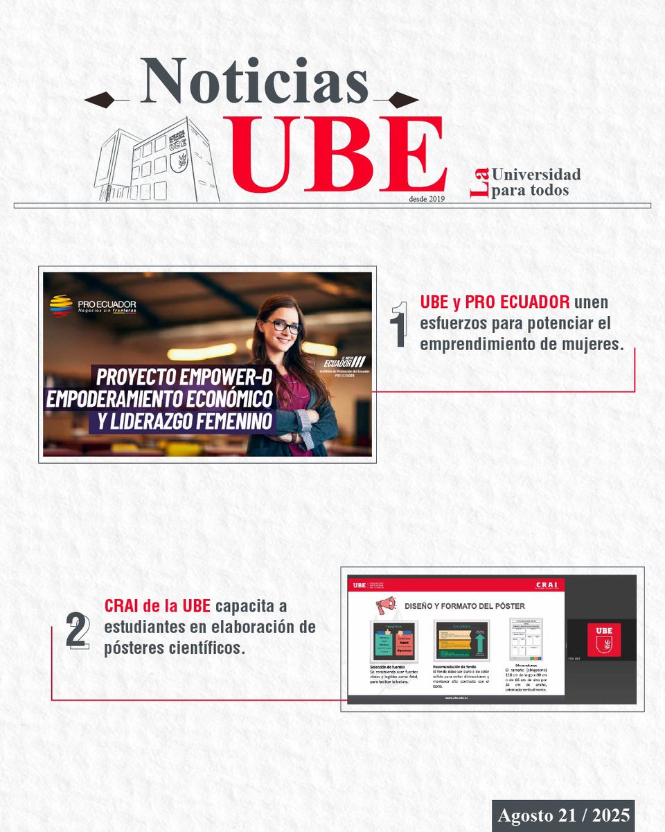#NoticiasUBE | Impulsamos la innovación y el talento de nuestra comunidad 🚀📚

🌎💡 UBE y PRO ECUADOR unen esfuerzos para potenciar el emprendimiento de mujeres, generando más oportunidades y fortaleciendo el liderazgo femenino en el sector productivo. Conoce más aquí 👉