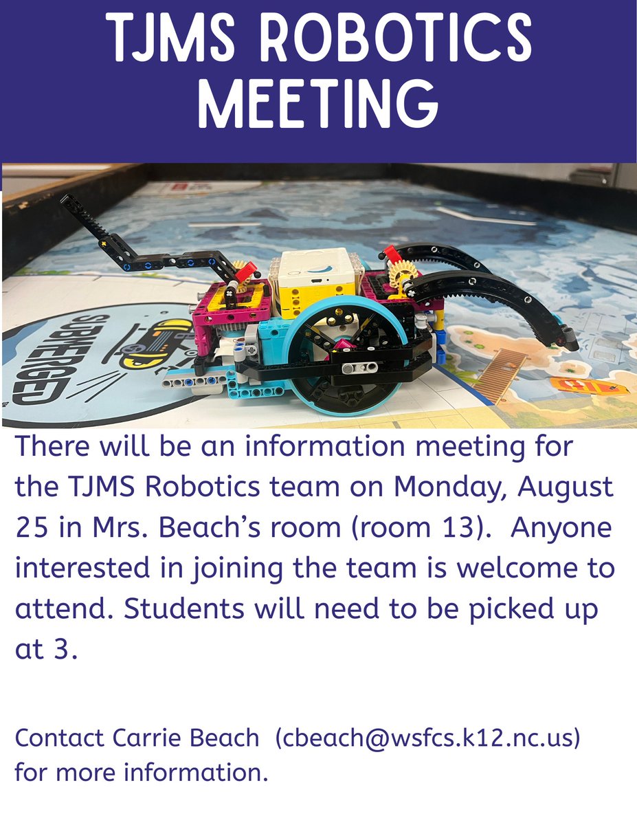 Thomas Jefferson Middle School (@tjeffersonms) on Twitter photo TJMS Robotics Team Interest Meeting, on Monday, 8/25 in Mrs. Beach's room right after school. Students must be picked up at 3 pm. Come check it out! #TJMSPatriots #TJMSPatriotPride #TJMSRobotics
<a href="/tjms_athletics/">TJMSAthletics</a> <a href="/mrsbeachmakes/">Carrie Beach</a> TJMS Robotics Team Interest Meeting, on Monday, 8/25 in Mrs. Beach's room right after school. Students must be picked up at 3 pm. Come check it out! #TJMSPatriots #TJMSPatriotPride #TJMSRobotics
<a href="/tjms_athletics/">TJMSAthletics</a> <a href="/mrsbeachmakes/">Carrie Beach</a>