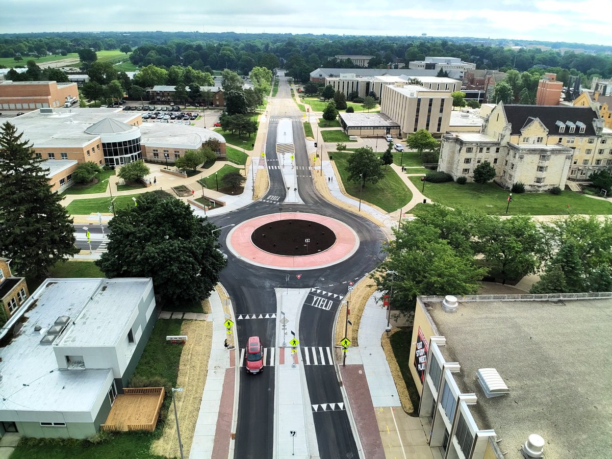 The roundabout at Normal Road and Lucinda Avenue is open on time, before the start of the NIU school year. Thank you to the community for your patience as this new and safer intersection was constructed.