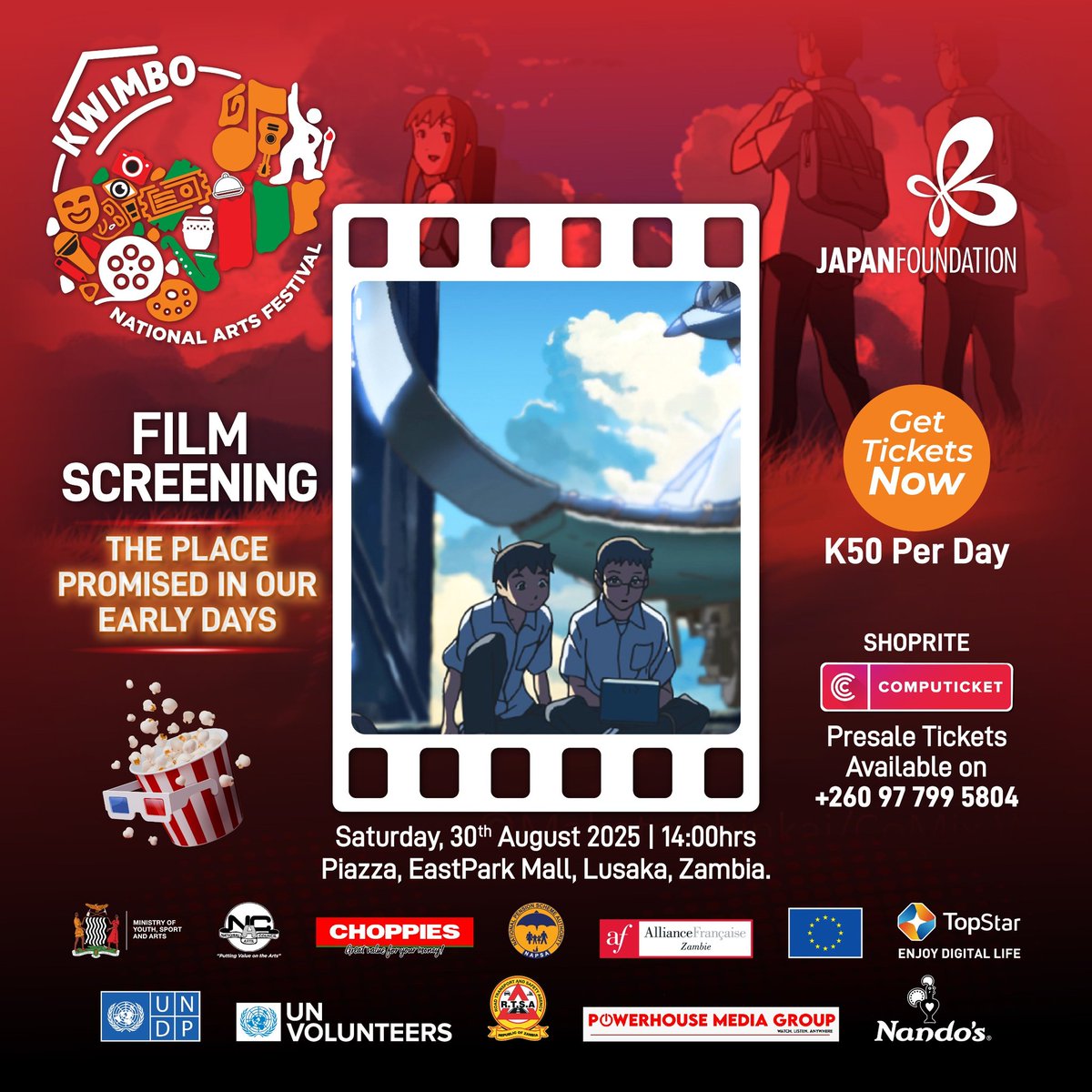 tiessoumapare's tweet photo. ONE WEEK TO GO!
Just 7 days until #KwimboNAF2025! 🔥
The film lineup has expanded again! See 'Time of Eve' &amp; 'Take 1' (Aug 28), plus 'The Place Promised...' (Aug 30).
Tickets are flying! Get your K50 pass at Shoprite &amp; Computicket.
#ZambianFilm #LusakaEvents #Zambia #ArtsFestival https://t.co/rg0d1VxMc0