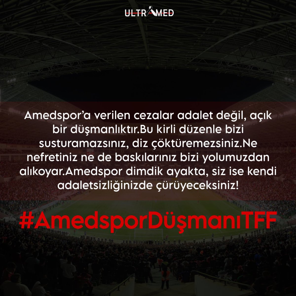 Amedspor’a verilen cezalar adalet değil, açık bir düşmanlıktır.Bu kirli düzenle bizi susturamazsınız, diz çöktüremezsiniz. Ne nefretiniz ne de baskılarınız bizi yolumuzdan alıkoyar.Amedspor dimdik ayakta, siz ise kendi adaletsizliğinizde çürüyeceksiniz!

 #AmedsporDüşmanıTFF