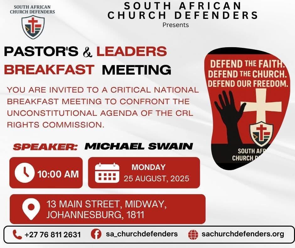 SACD_Official's tweet photo. PASTORS & LEADERS BREAKFAST MEETING
๐
25 August 2025
๐ 10:00 AM
๐ 13 Main Street, Midway, Soweto, 1811
Join us as we confront the unconstitutional agenda of the CRL Rights Commission.
๐๏ธ Speaker: Michael Swain
#SACD #DefendTheFaith #ChurchFreedom #removethokoxaluvaofcrl https://t.co/4UHvQAVfyr