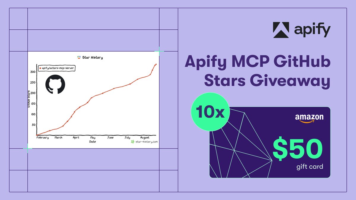 Help us grow our MCP server on GitHub - and win $ while you're at it!

We’re giving away 10× $50 Amazon gift cards to our community. Want to win?

1️⃣ Star our repo: github.com/apify/actors-m…
2️⃣ RT this with your quote or use this one:
→ If you’re building agents, this MCP is worth