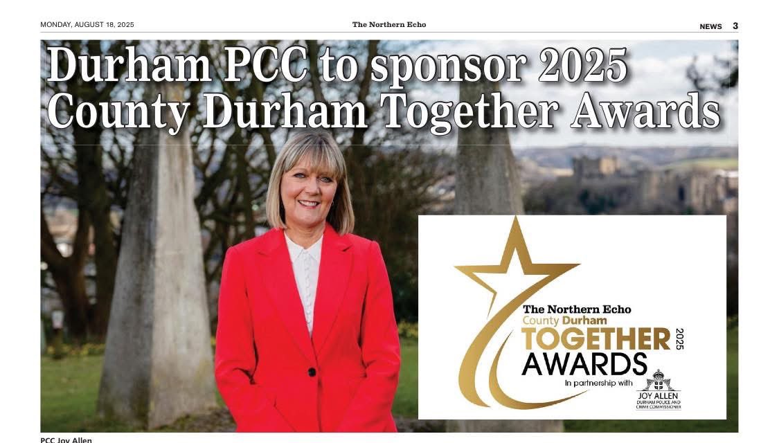 PCC Joy Allen (@pccjoyallen) on Twitter photo 🌟 Nominations are open for the County Durham Together Awards 2025! 🌟
As <a href="/DurhamPCC/">Durham PCC</a> I am Proud to sponsor these awards with <a href="/TheNorthernEcho/">The Northern Echo</a>, celebrating our unsung heroes who go above & beyond to make a difference in our communities. 💙
👉 Nominate now: 🌟 Nominations are open for the County Durham Together Awards 2025! 🌟
As <a href="/DurhamPCC/">Durham PCC</a> I am Proud to sponsor these awards with <a href="/TheNorthernEcho/">The Northern Echo</a>, celebrating our unsung heroes who go above & beyond to make a difference in our communities. 💙
👉 Nominate now: