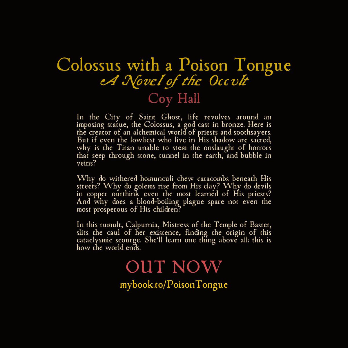 Coy Hall (@coyhallbooks) on Twitter photo My occult novel, Colossus with a Poison Tongue, is 99 cents on Amazon & Kobo! My occult novel, Colossus with a Poison Tongue, is 99 cents on Amazon & Kobo!