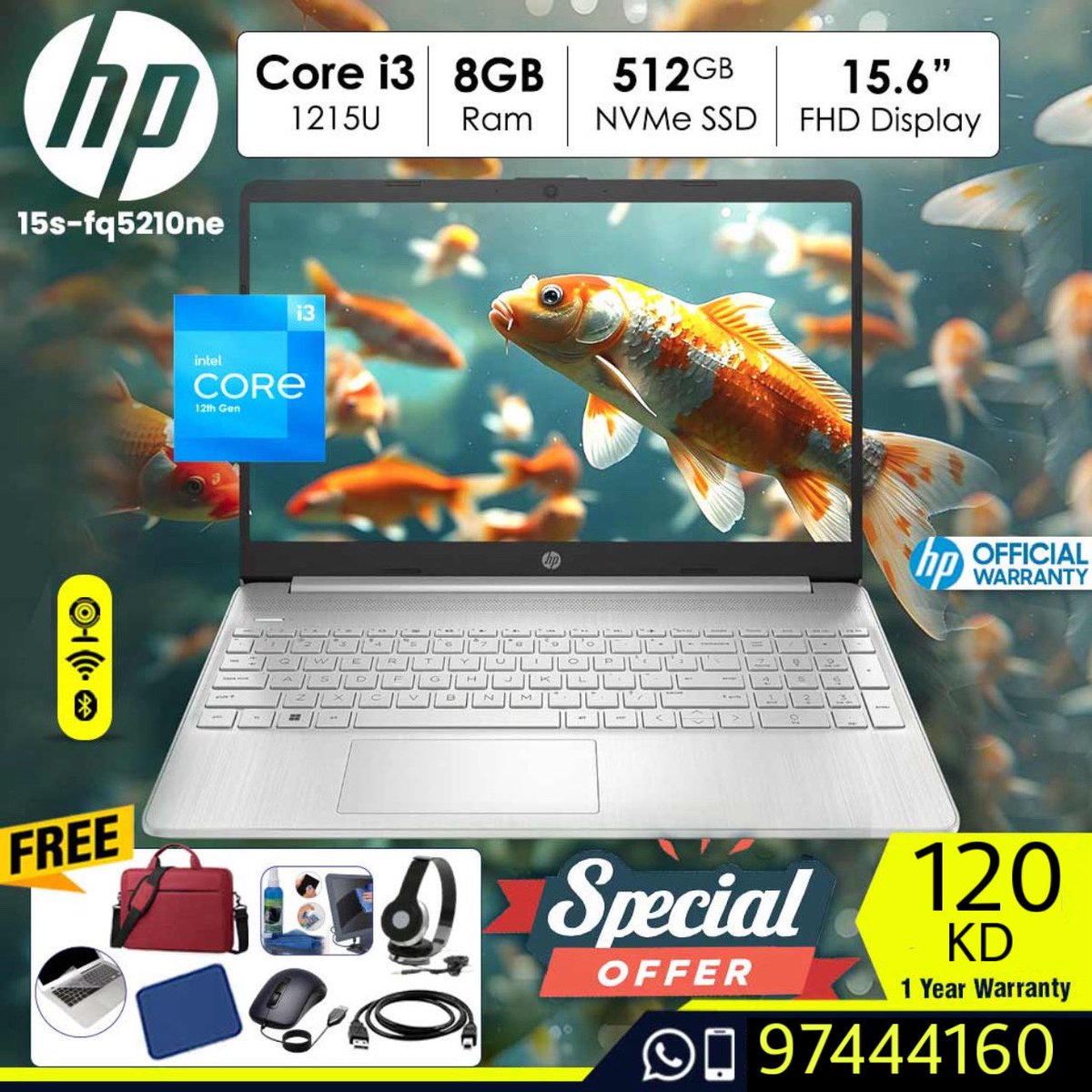 HP Laptop 15s-fq5210ne Intel Core i3- 1215u | 8GB Ram | 512 GB SSD | 15.6 FHD = KD 120. 
KuwaitPc.net