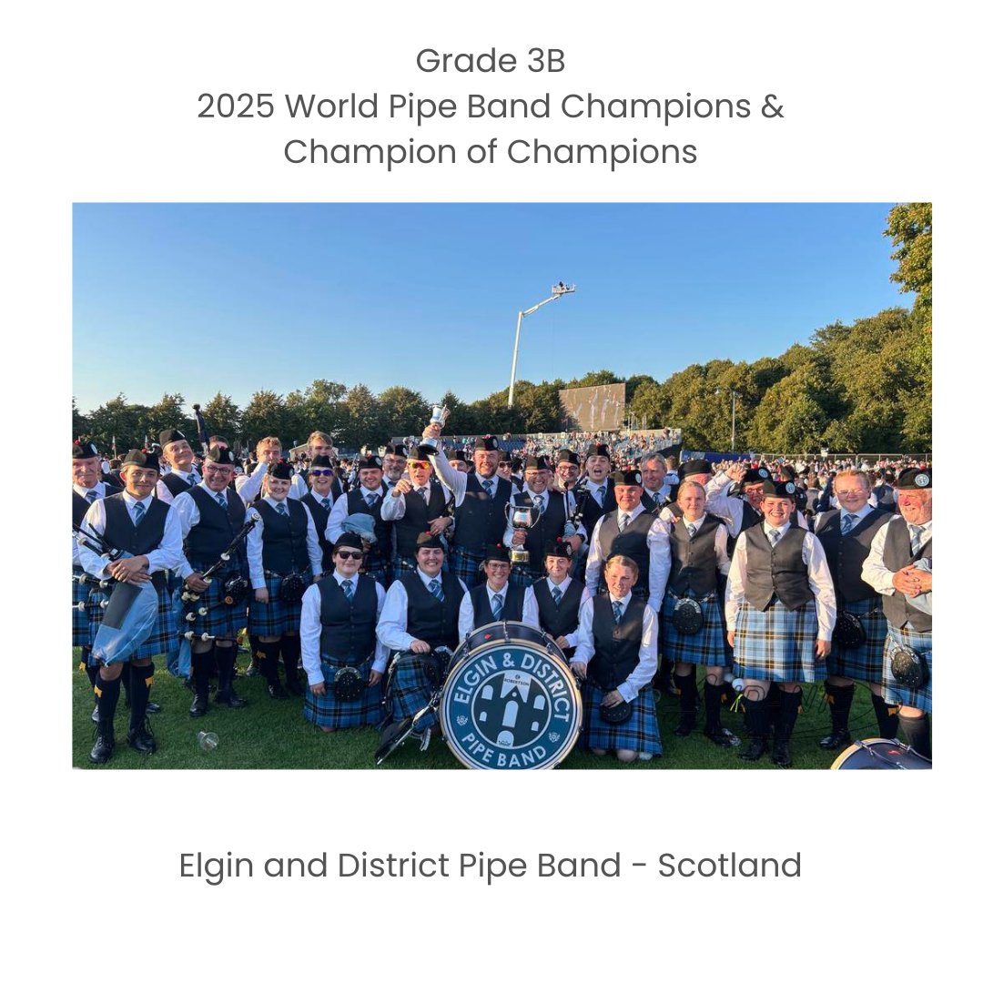 2025 World Pipe Band Championships!

Congratulations to Elgin and District Pipe Band' - Scotland, crowned Grade 3B World Pipe Band Champions at last Saturdays event held in Glasgow Green. The band also took home the Champion of Champions band title. 
⁠
#wpbc2025  #andantedrums