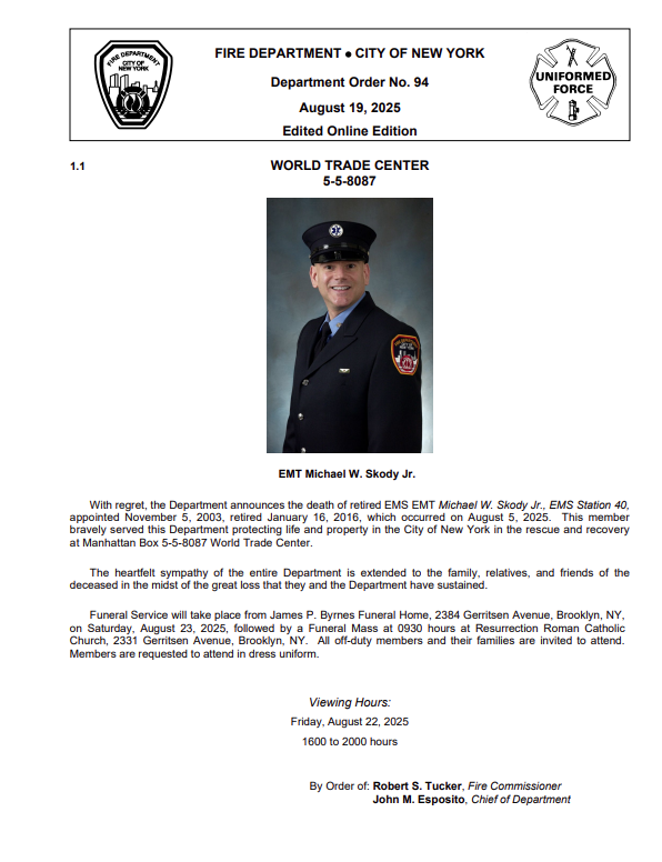 NYCEMSwatch's tweet photo. FDNY announces the death of retired FDNY EMS EMT Michael W. Skody Jr., EMS Station 40, appointed November 5, 2003, retired January 16, 2016. https://t.co/29n747Rr2W