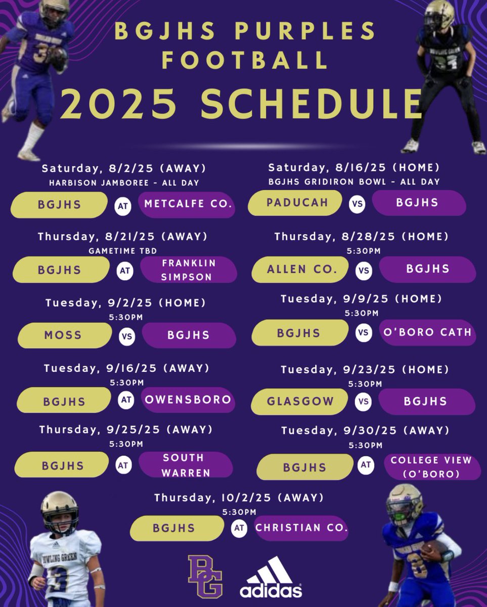 2025 BGJHS Purples Football Schedule:

Go Purples!