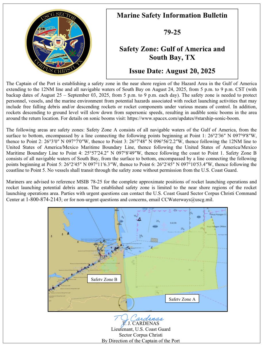 VisitBocaChica's tweet photo. New Marine Safety Information Bulletin (MSIB)/ Notice to Mariners (NOTMAR) issued for #Starship #Flight10 launch on 24 Aug 2025, between 5 p.m. and 9 p.m. CST (backup 25 Aug 2025 – 3 Sep 2025). https://t.co/mmFJTQX6sv 🚀 #BocaChica #Starbase  #MSIB #HazardArea #SafetyZone https://t.co/HkPXUugneW