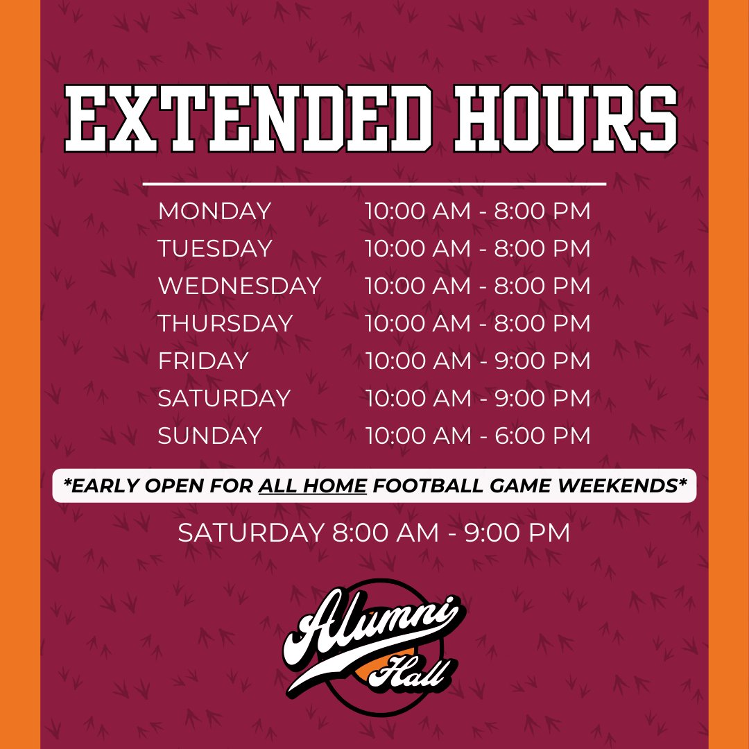 Our extended hours start this weekend, which means now you have even more time to shop the ultimate game day gear! 🏈🎉
alumnihall.com/virginia-tech-…