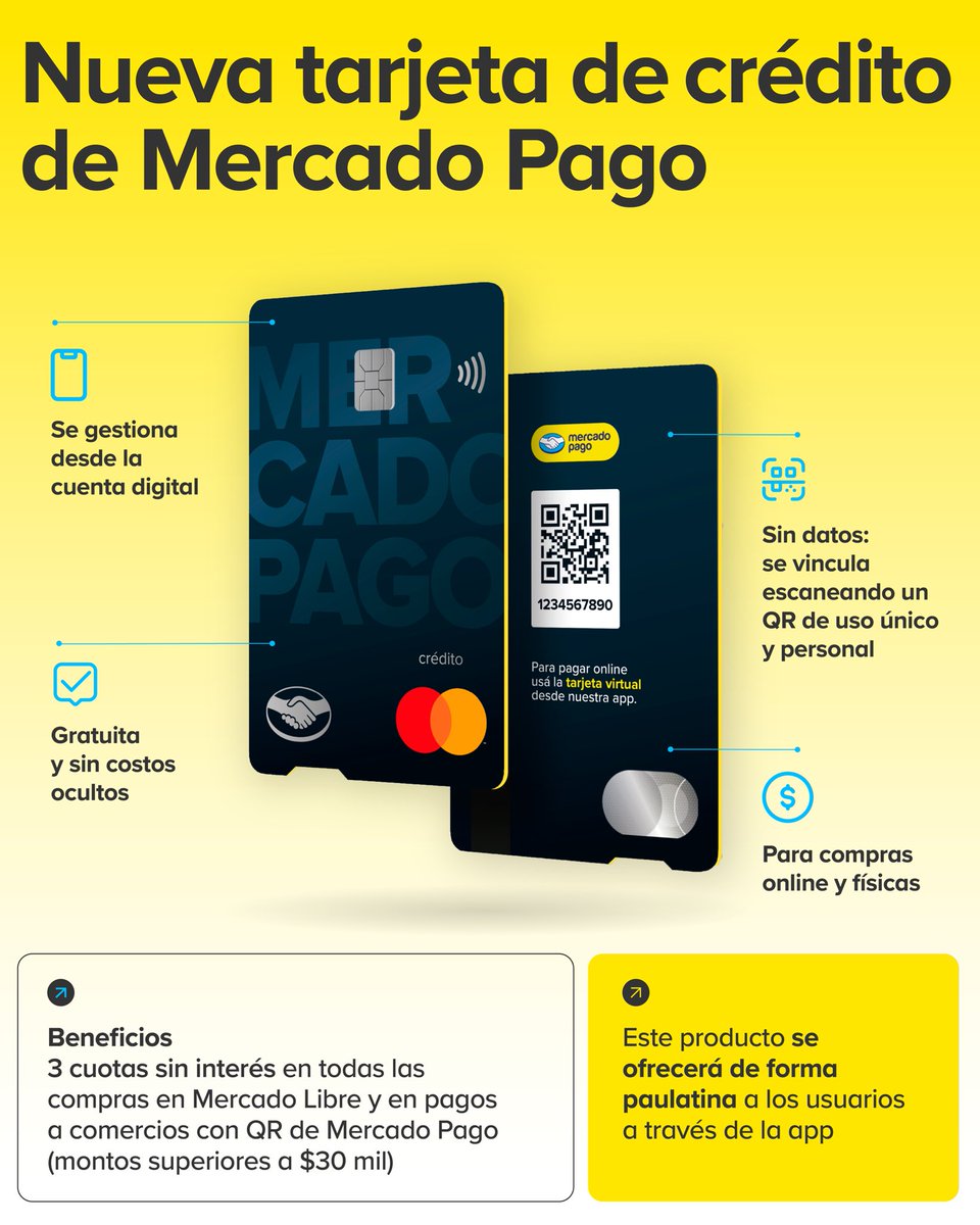 MercadoPago's tweet photo. Presentamos la tarjeta de crédito física y virtual de Mercado Pago. Se ofrecerá de forma paulatina a los usuarios a través de la app en las próximas semanas. 

Sin costos ocultos y con una experiencia de usuario simple, para que más personas ganen autonomía financiera. https://t.co/ivlcuu6vp2