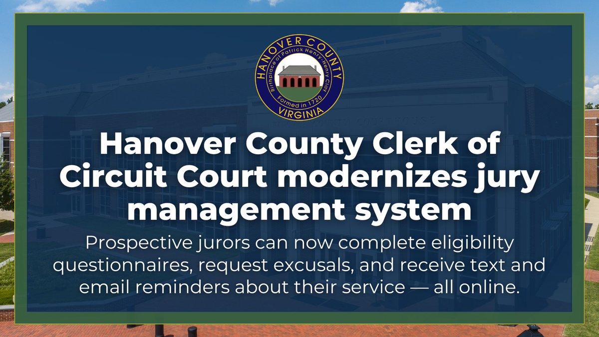 About 4,500 residents will soon receive jury questionnaires in the mail to determine eligibility for jury service in 2026.

You can now complete questionnaires, request excusals and get service reminders — all online.

🔗bit.ly/45rCPqo

#HanoverVA