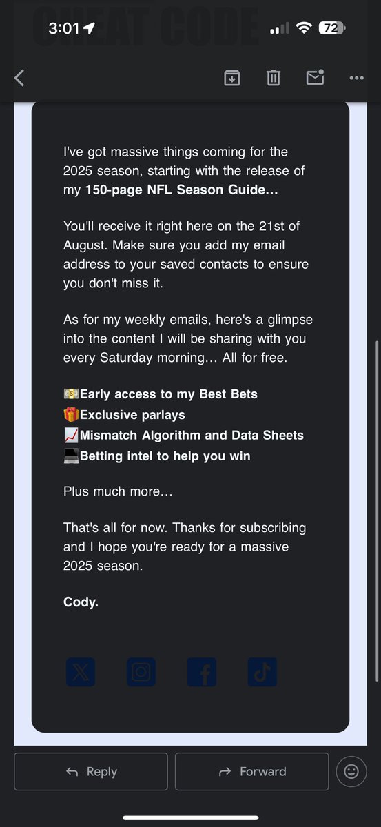 papaK804's tweet photo. @CodyBrownBets Got This email and nothing else 😔 https://t.co/Kplawfm2w7