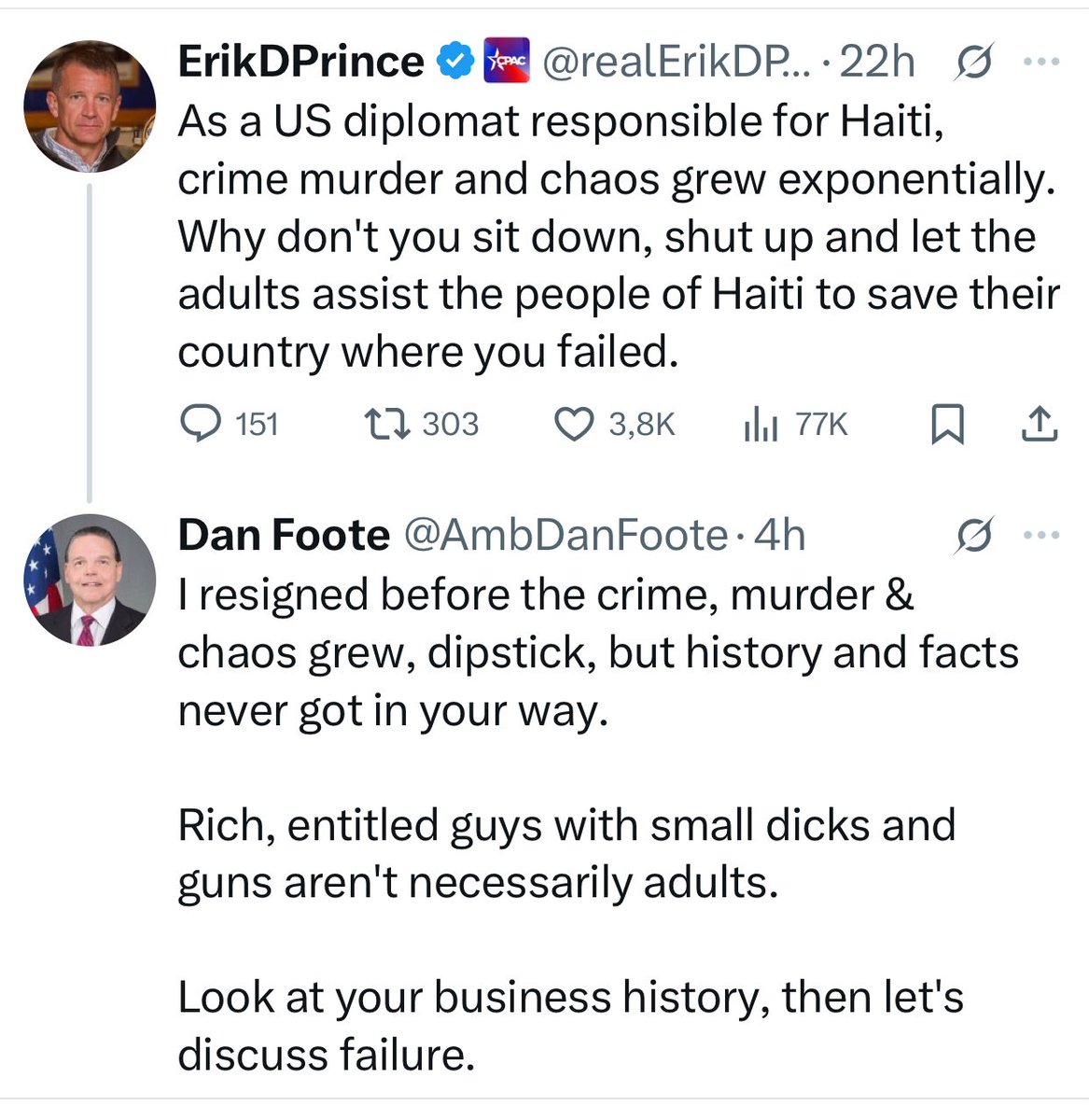 Haïti 🇭🇹 chérie ❤️L’ancien Ambassadeur Dan Foote <a href="/AmbDanFoote/">Dan Foote</a> &amp; l’homme des drones <a href="/realErikDPrince/">ErikDPrince</a> se crépent le zizi à coups de tweets 🤣 Erik Prince a conclu un accord pour lutter contre les gangs &amp; sécuriser la collecte de taxes pour une durée de 10 ans avec le gouvernement