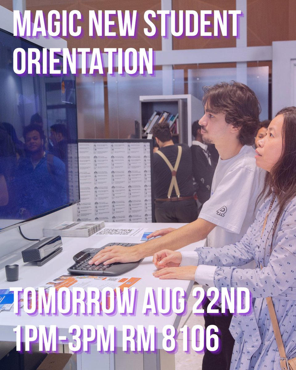 📆 Tomorrow! 📆

🎉 This Friday is a mandatory new student orientation for all incoming MAGIC students. Our staff will provide an overview of what a journey through MAGIC looks like! 

We can't wait to meet you all!