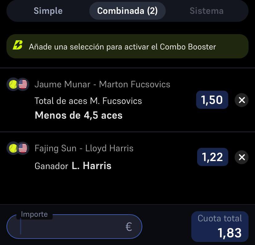 Os dejamos pick 🎾 de <a href="/saque_ace/">SAQUE ACE</a> para el #UsOpen + #WinstonSalem 🇺🇸

✍️ Fucsovics -4.5 aces + Lloyd Harris
📊 Cuota 1.83
🎯 Stake: 0.25

¡Suerte!