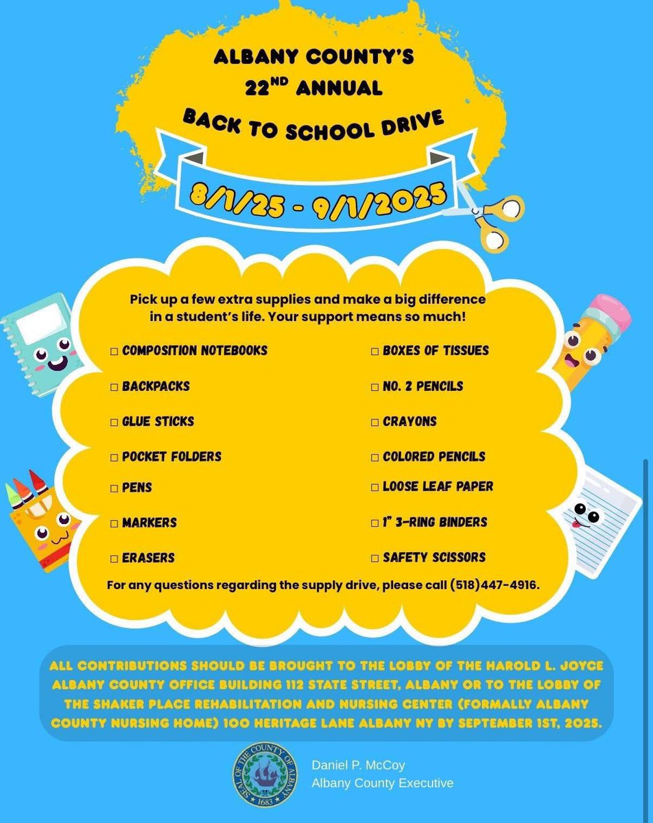 Albany County's 22nd annual Back to School Supply Drive is underway! As we prepare for a new school year, let's come together to ensure every child in our community has the tools they need to succeed!