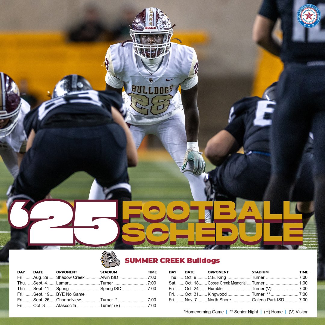 Humble ISD (@humbleisd) on Twitter photo Whose House? ....
<a href="/SC_BulldogFB/">Summer Creek Football</a> reached the Class 6A Division II State Semifinal last year. The Bulldogs open the 2025 season on the road on Friday, August 29 against Shadow Creek.
Summer Creek plays at home the first time on Thursday, September 4, against Lamar. #txhsfb Whose House? ....
<a href="/SC_BulldogFB/">Summer Creek Football</a> reached the Class 6A Division II State Semifinal last year. The Bulldogs open the 2025 season on the road on Friday, August 29 against Shadow Creek.
Summer Creek plays at home the first time on Thursday, September 4, against Lamar. #txhsfb