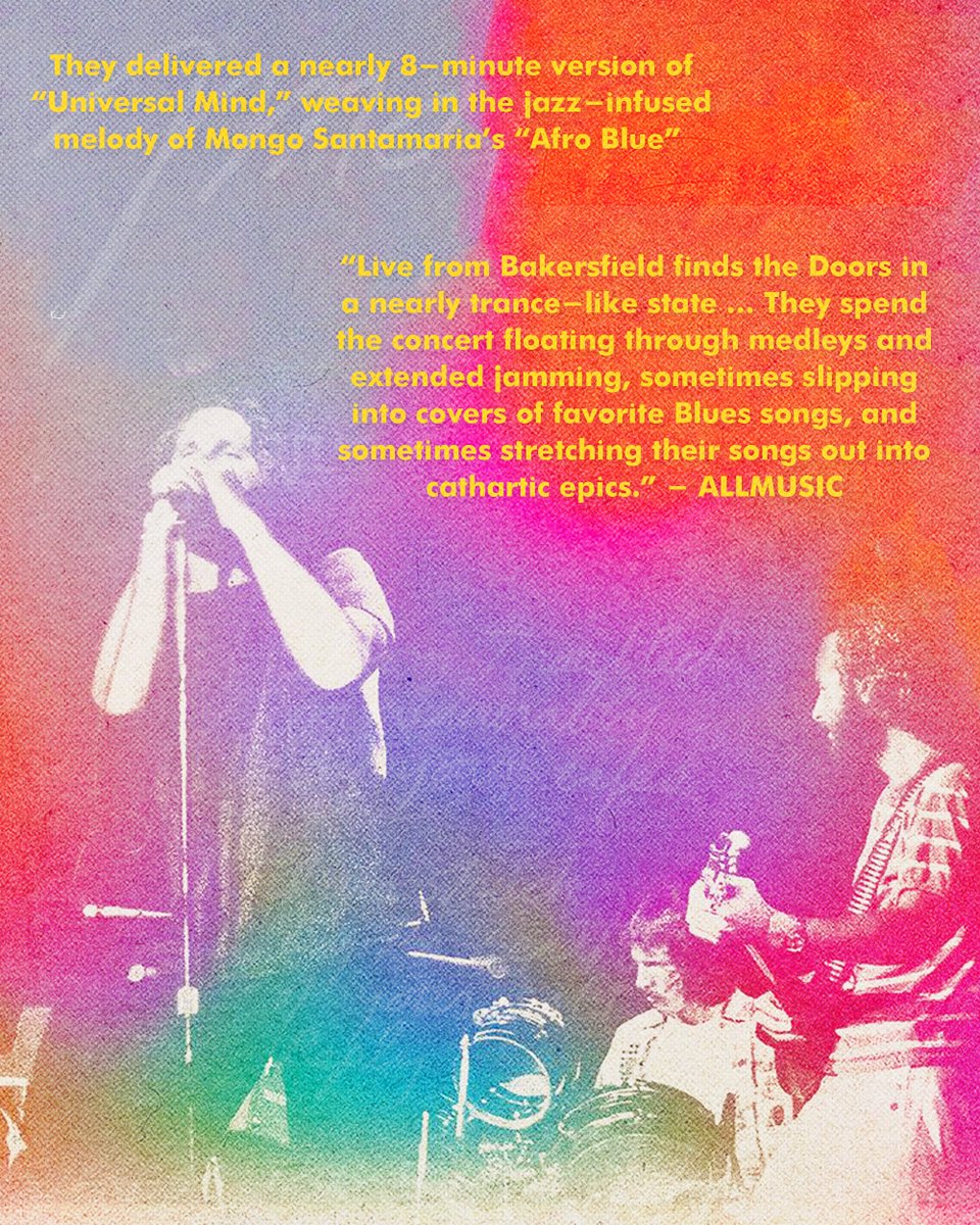 TheDoors's tweet photo. On this day in 1970, The Doors performed live in Bakersfield, California - bringing their unmistakable energy to the intimate Civic Auditorium.

"We're Down In The South, Or In The Midwest, Or Maybe On The Way To Bakersfield. And We're, We're Driving In A '57 Chevy To An Old Roadhouse. Can You Dig It?" -Jim Morrison

Fun fact: at this show, Jim dedicated the song “The End” to a couple of newlyweds.

Photo courtesy of Getty Images.