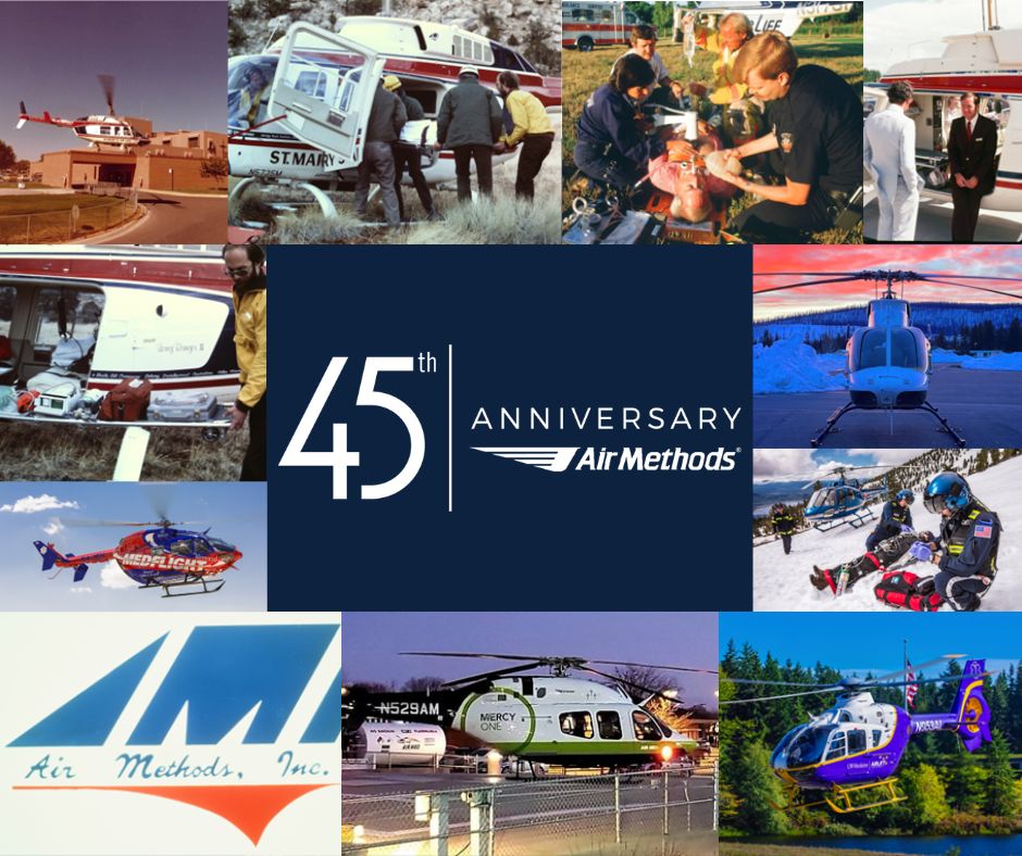 AirMethodsCorp's tweet photo. We officially celebrate 45 yrs of lifesaving service this Aug! From the start, we set the standard for safety/innovation. Our mission remains the same: to deliver critical care when it matters. Thanks to the crews, hospitals/partners, &amp; communities who made this journey possible. https://t.co/Fe9Y636YB0