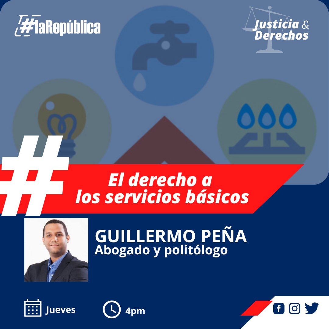 La República Radio (@larepradio) on Twitter photo HOY en #LaRepúblicaRadio hablamos del derecho a los servicios básicos en nuestro segmento #justiciayderechos con el abogado y politólogo Guillermo Peña.
A partir de las 4pm por La Nota 95.7fm 📻🎙️
<a href="/BaezDerik/">Derik Báez Torres</a> <a href="/RDelgadilllo/">Ramieri Delgadillo Santana | Periodista</a> <a href="/Guillermopca/">Guillermo Peña Capellán</a> HOY en #LaRepúblicaRadio hablamos del derecho a los servicios básicos en nuestro segmento #justiciayderechos con el abogado y politólogo Guillermo Peña.
A partir de las 4pm por La Nota 95.7fm 📻🎙️
<a href="/BaezDerik/">Derik Báez Torres</a> <a href="/RDelgadilllo/">Ramieri Delgadillo Santana | Periodista</a> <a href="/Guillermopca/">Guillermo Peña Capellán</a>