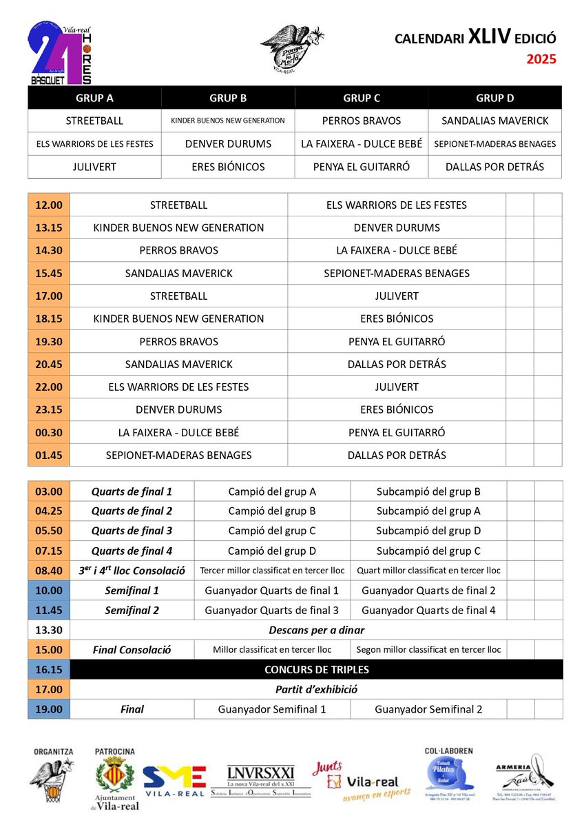 Calendari de la XLIV Edició de les 24 Hores de Bàsquet de Vila-real 2025 #24Hores2025