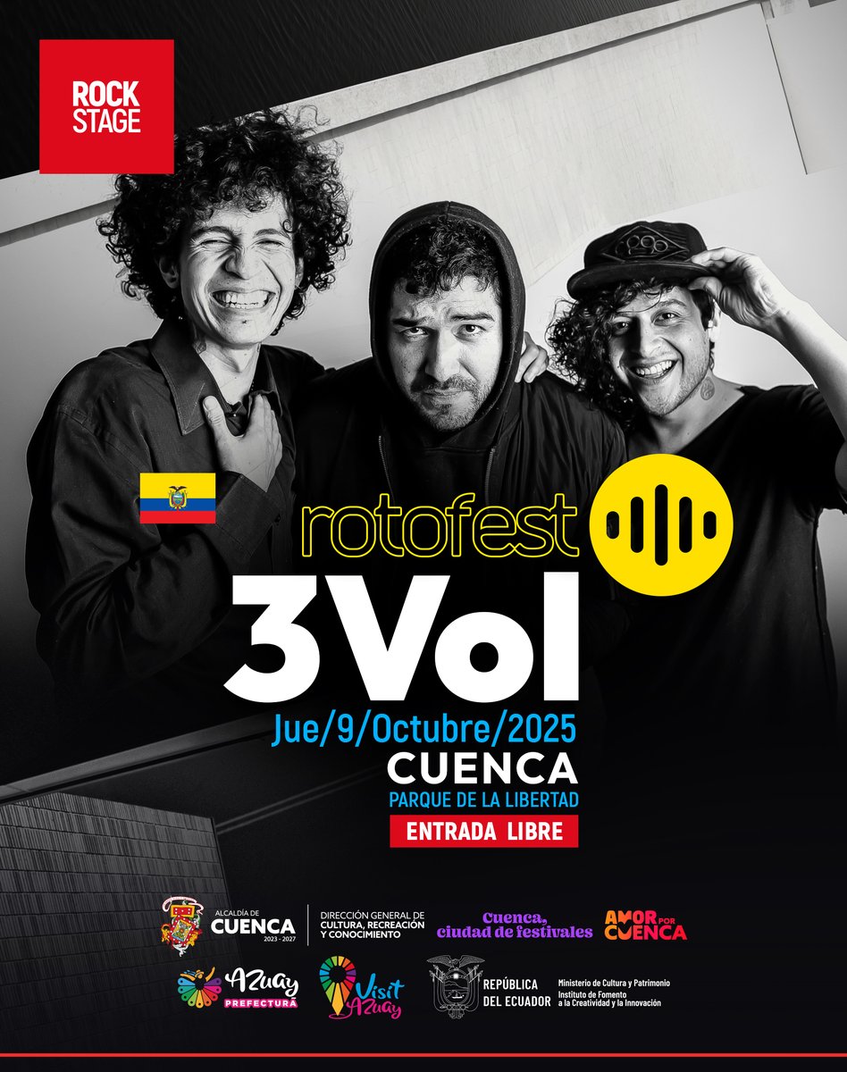 Rotofest's tweet photo. 🔥 3VOL 🇪🇨 en #Rotofest2025
⚡ Rock, ritmos latinos y electrónica desde 2009
🎸 9 OCT · Parque de la Libertad – Cuenca
🎟 Entrada libre 👉 https://t.co/V8hyy80cQT
#RockStage #Cuenca #3VOL https://t.co/zozOHOm2Qa
