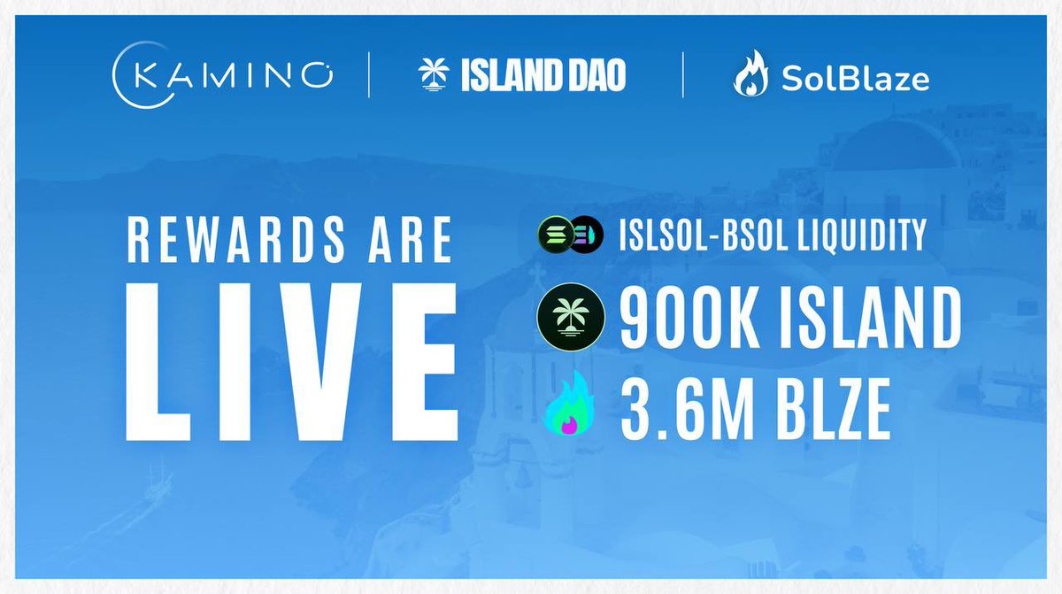 Rewards Are Live 横幅，包含 Island DAO、Kamino 和 SolBlaze 徽标