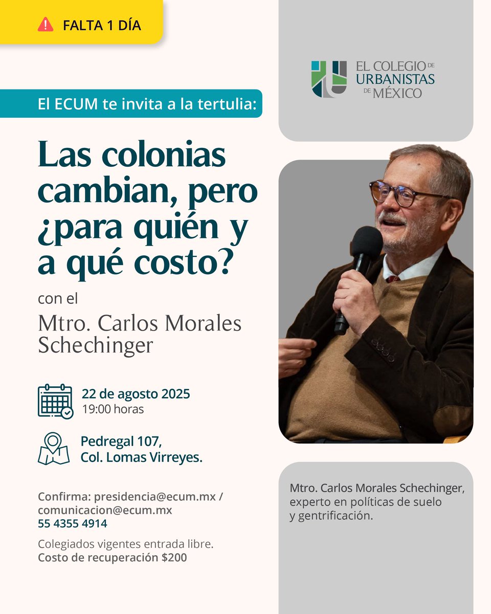 🗣️¡Nos vemos mañana! 
🔹TERTULIA: Gentrificación ¿Renovación o desplazamiento?
Únete a esta conversación necesaria sobre los procesos de gentrificación y su impacto en nuestras ciudades.
📅 22 de agosto, 19:00 hrs 
👤Nos acompaña el Mtro. Carlos Morales Schechinger