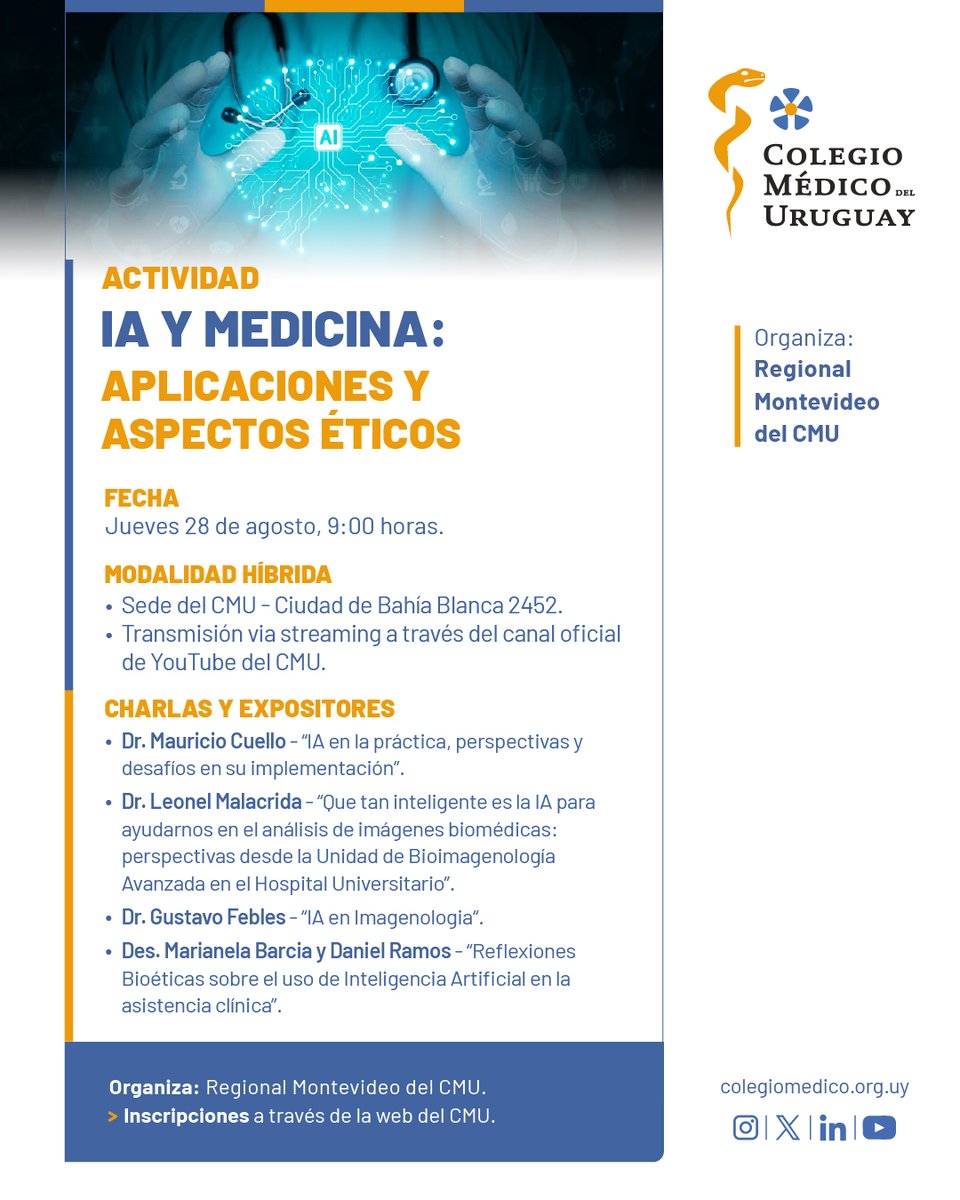 Los invitamos a participar de la actividad: IA y Medicina: aplicaciones y aspectos éticos.

🗓️ Jueves 28 de agosto - 9:00 horas.
🙋🏽‍♀️ Modalidad híbrida.

✏️ Inscripciones a través del sitio web de CMU.