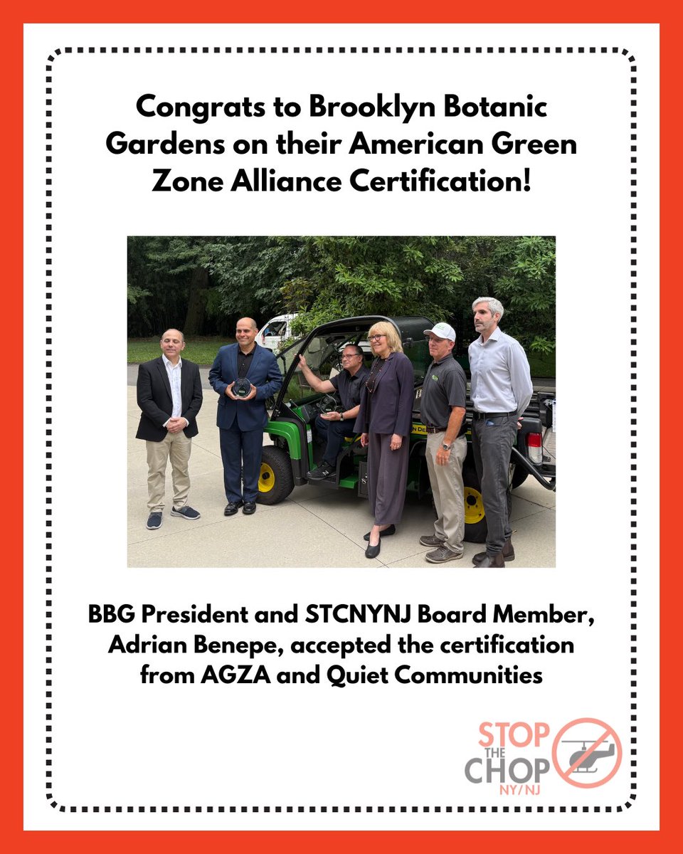 StoptheChopNYNJ's tweet photo. Congrats to @BrooklynBotanic on their American Green Zone Alliance Certification! BBG President and STCNYNJ Board Member, Adrian Benepe, accepted the certification from #AGZA and #QuietCommunities. #brooklyn #brooklynbotanicgarden #NoisePollution #stopthechop https://t.co/si7WHYl2Pm