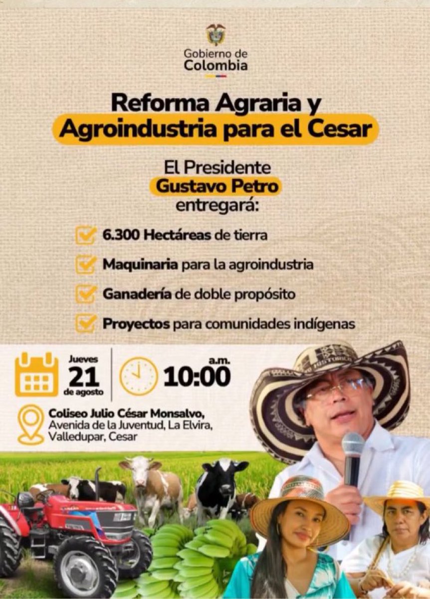 Hoy en  Valledupar seguimos saldando deudas que dejaron los gobiernos pasados, una estela de despojo,empobrecimiento y miedo, mientras que el gobierno de <a href="/petrogustavo/">Gustavo Petro</a> lleva la esperanza,la felicidad  y la prosperidad a los campesinos de Colombia!! <a href="/AgenciaTierras/">Agencia Nacional de Tierras</a> <a href="/harmanfelipe/">Harman Felipe</a>